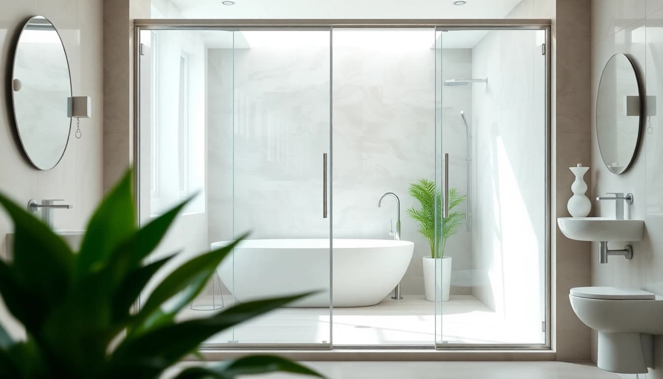 Elegant shower sliding doors showcasing a modern design in a bright bathroom.