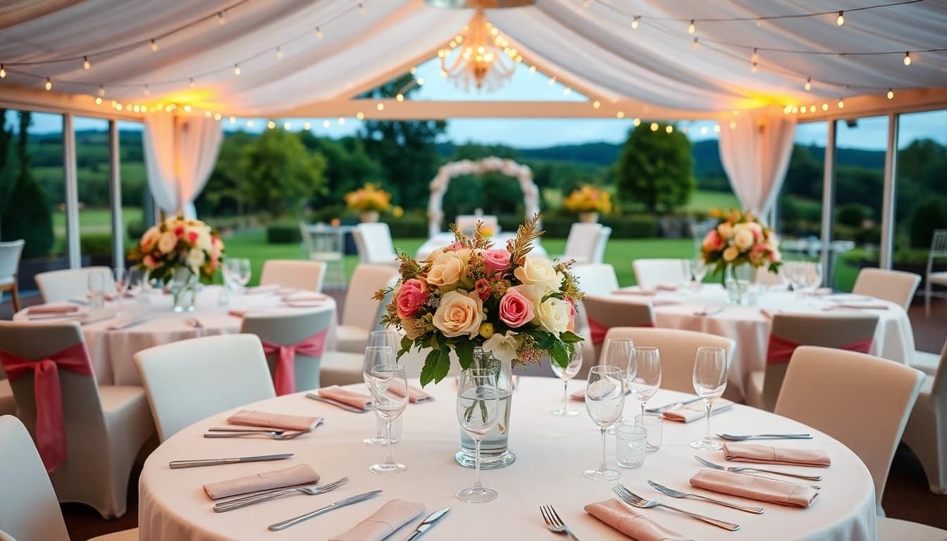 Stowe Venue Hire showcases an enchanting wedding setup with elegant tables and floral decorations.