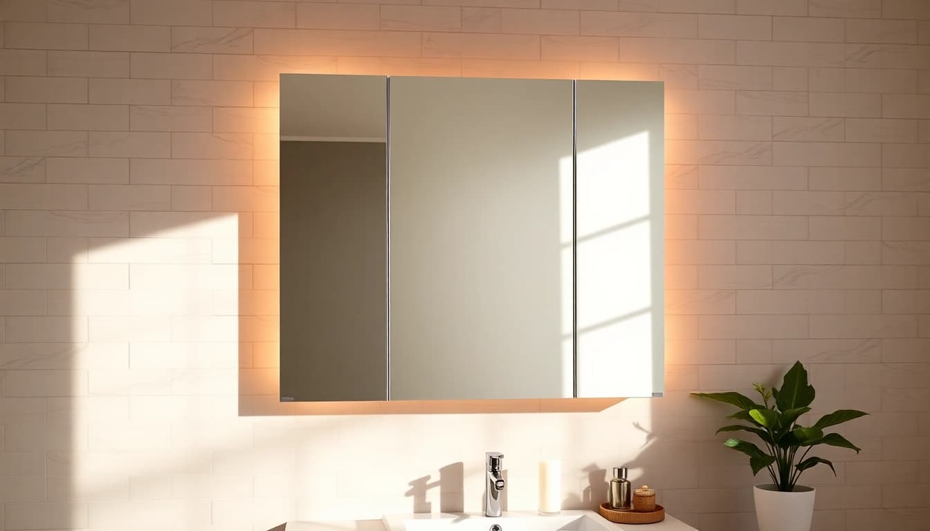 Präsentation eines spiegelschrank mit led Beleuchtung in modernem Badezimmer, sanfte Beleuchtung.