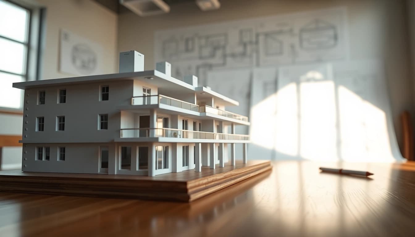 Wettbewerbsmodell auf einem Tisch in einem modernen Architekturstudio beleuchtet von natürlichem Licht.