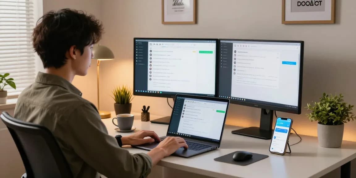 Person using WhatsApp電腦版 on a laptop at a modern home office desk, capturing a productive workspace.