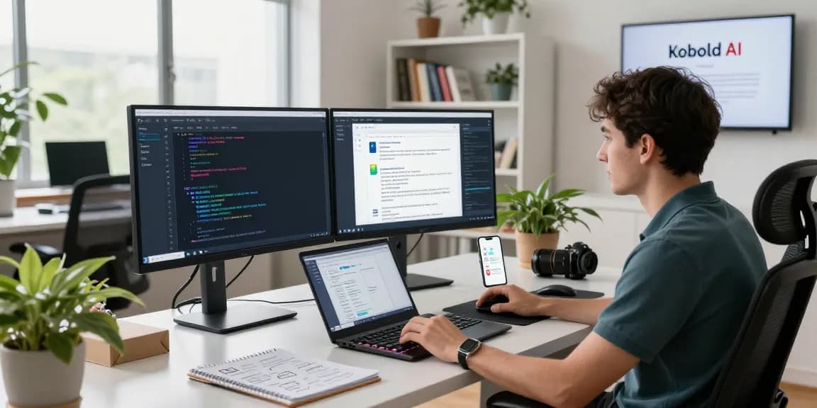 Interactive Kobold AI chatbot workspace showcasing dual monitors and tech tools.