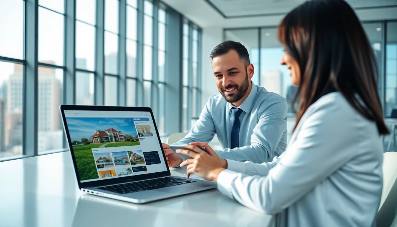 Real Estate agent collaborating with a client, showcasing listings in a bright office setting.