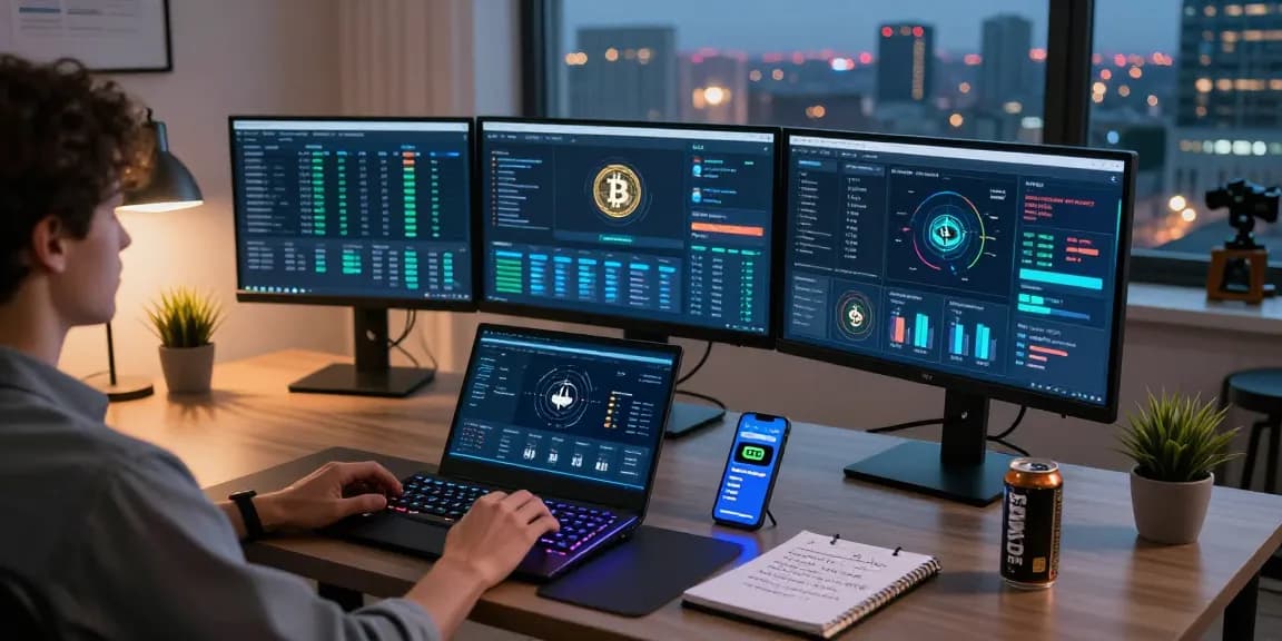 Bitcoin mining service setup in a modern office with screens showing blockchain analytics and crypto wallet.