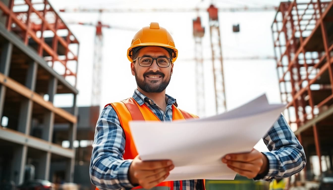 New York Commercial General Contractor supervising construction with blueprints on site.
