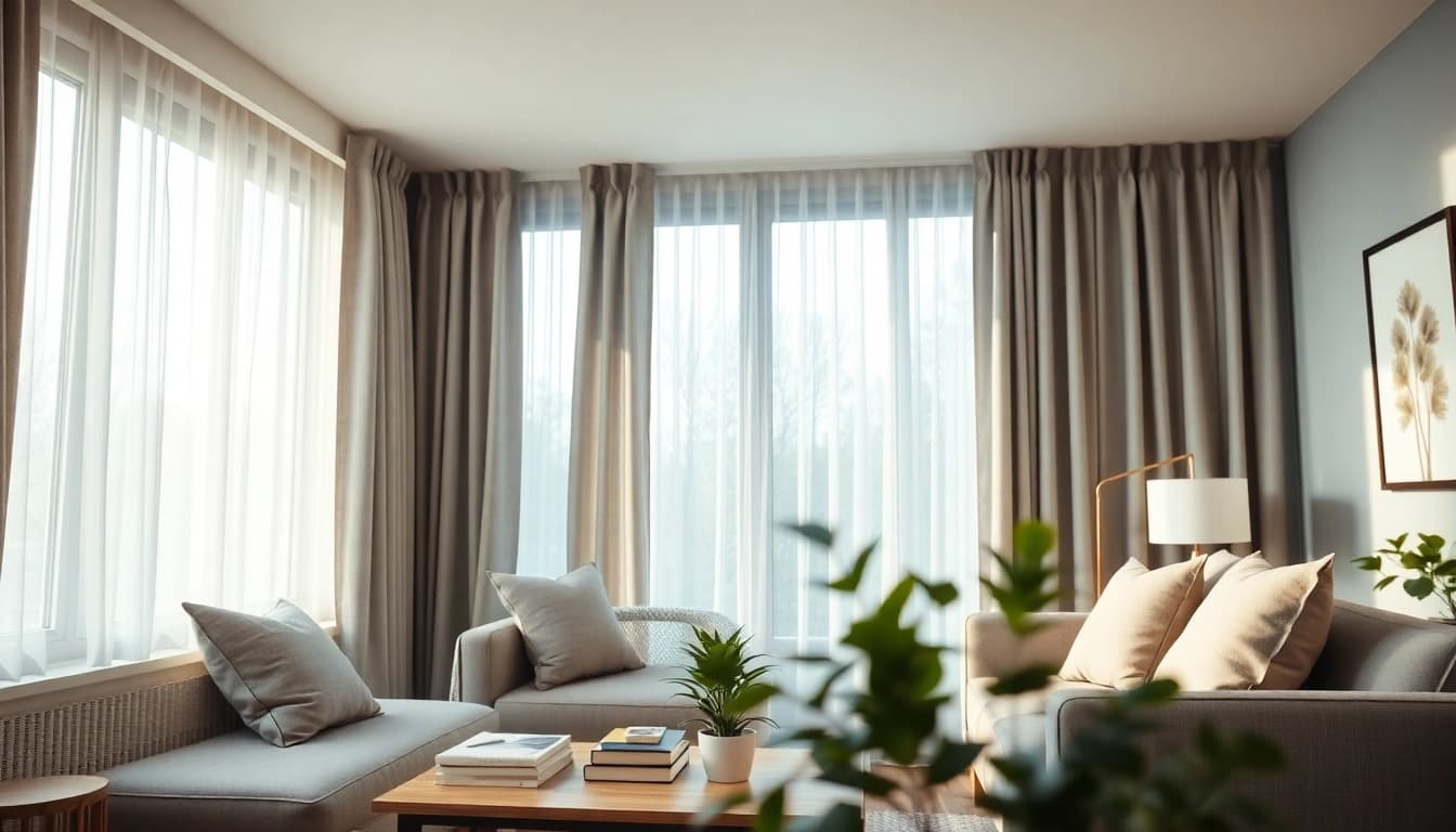 Verduisterende gordijnen die een stijlvolle sfeer creëren in de woonkamer.