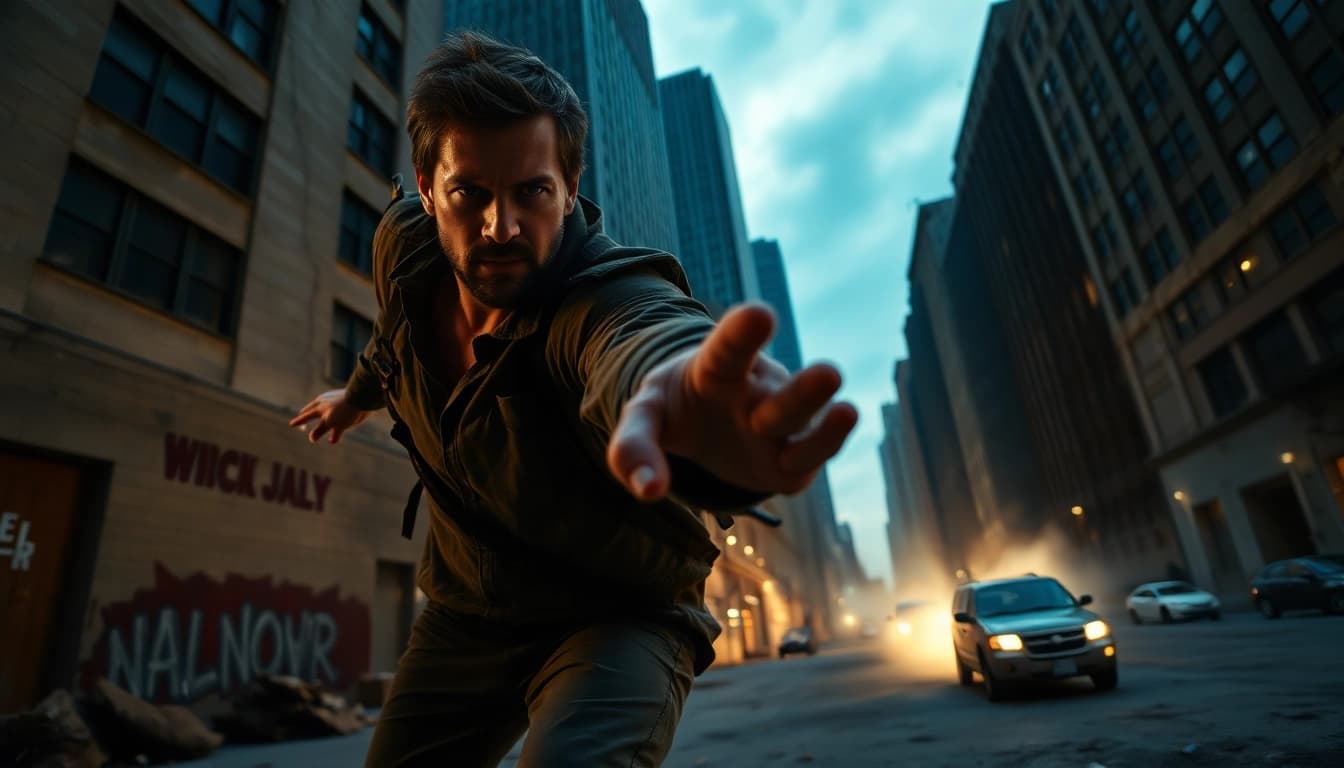 Character in dynamic action reminiscent of Similar to reacher series, captured in a gritty urban setting.