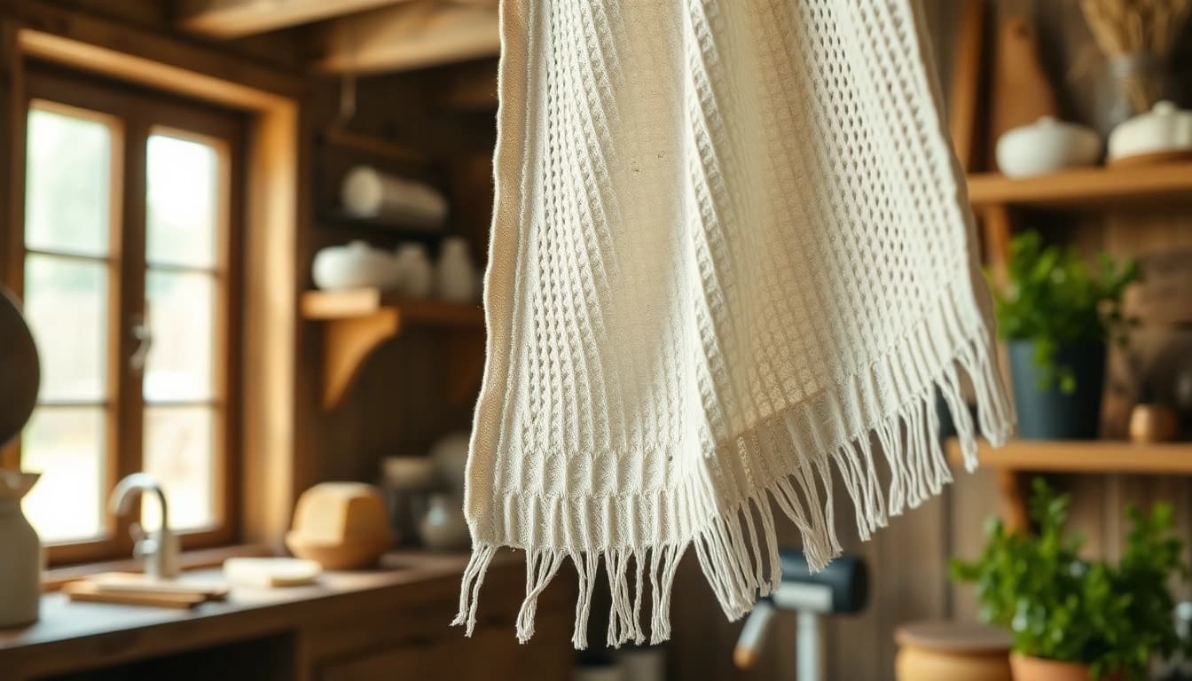 Kaasdoek hangend in een rustieke keuken met warme, uitnodigende sfeer.