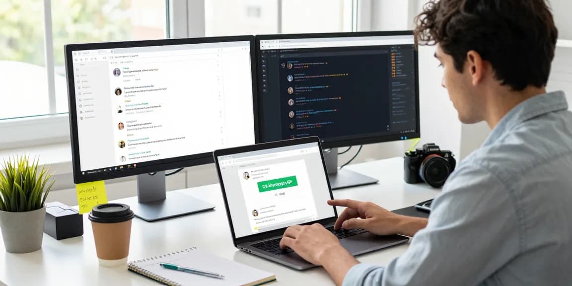 Engaging workspace scene with a user exploring gb whatsapp apk on laptop surrounded by tech gadgets and vibrant notes.