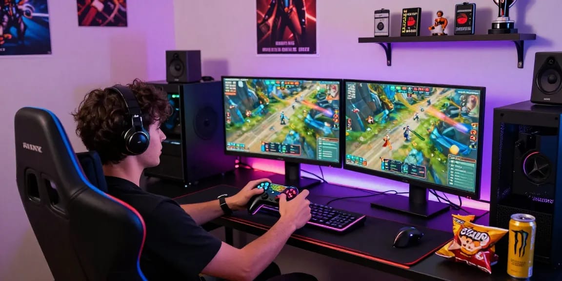 Gamer immersed in raja 328 gameplay with dynamic setup and vibrant atmosphere