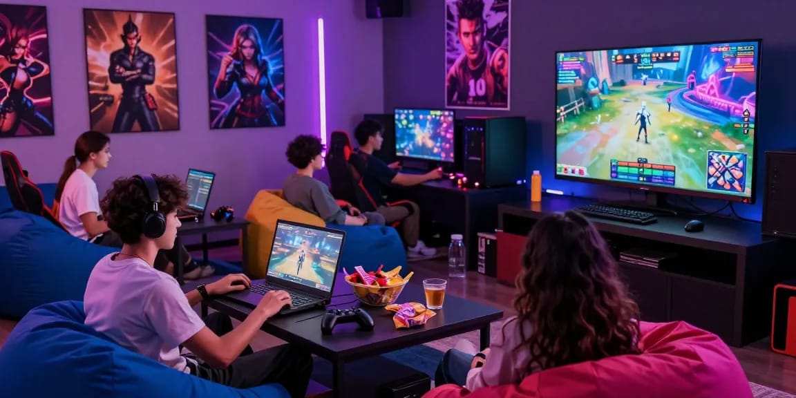 Engaging friends playing free porn games in a vibrant gaming environment filled with colorful graphics.