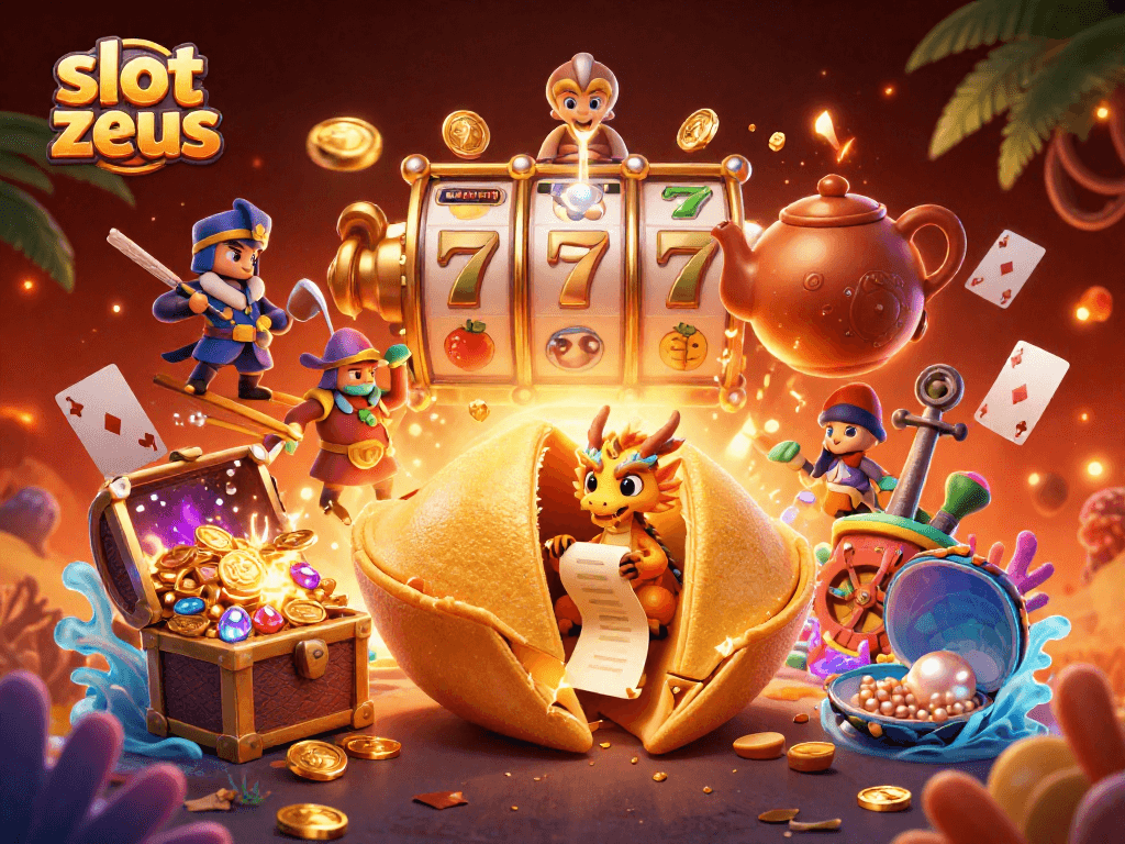 Engage with slot zeus where a golden fortune cookie reveals fortunes surrounded by dynamic casino elements.