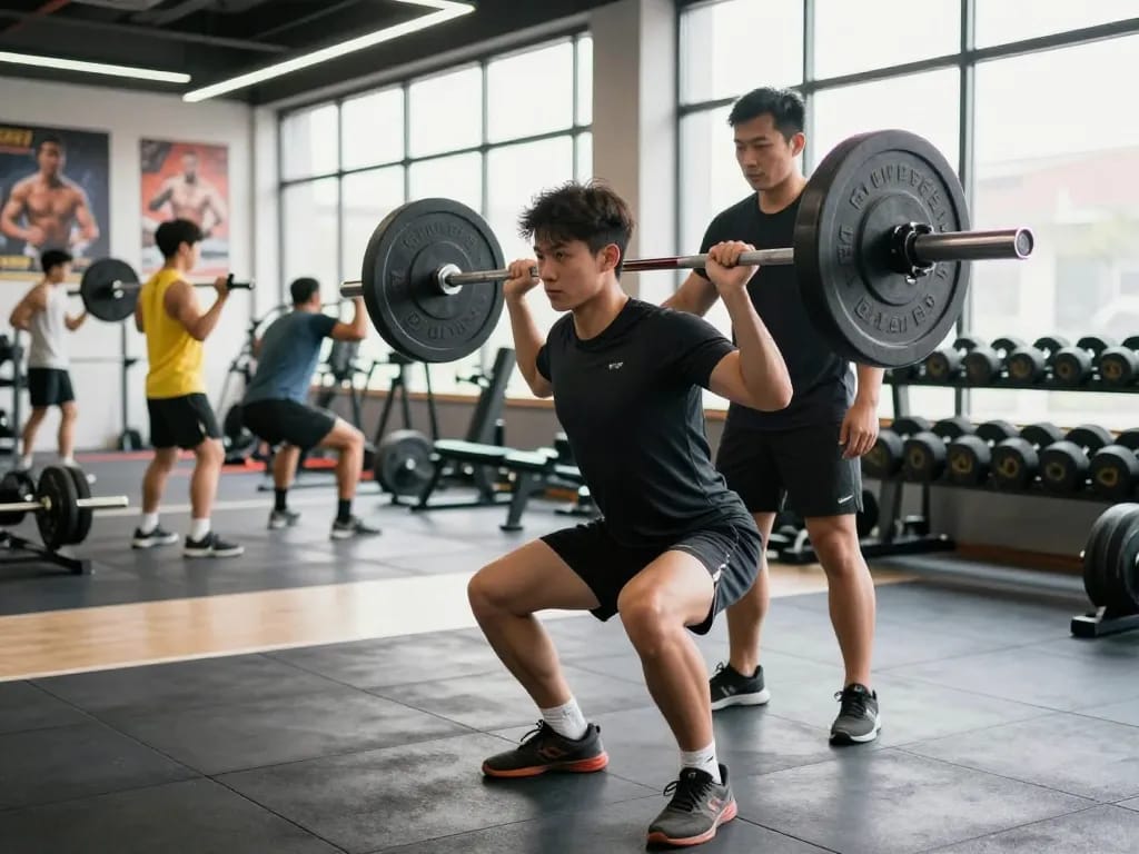 Athletic man using a shoulder brace for weightlifting during a gym workout session.