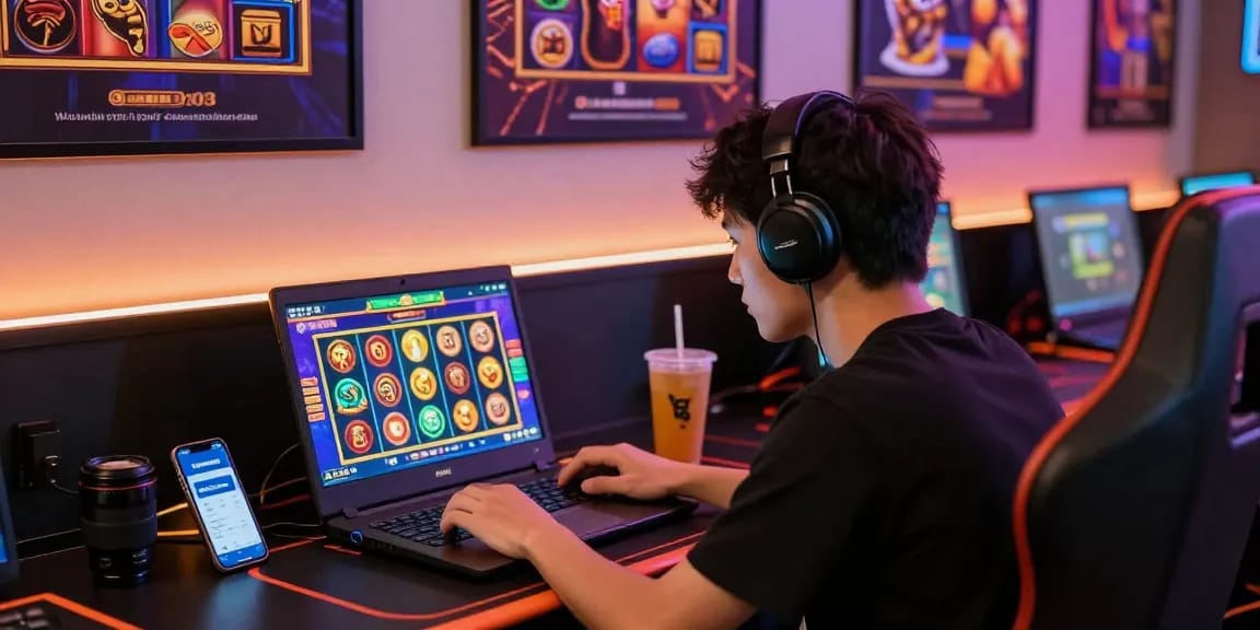 Player immersed in Garuda303 login process on a colorful slot game interface, with modern gaming setup.