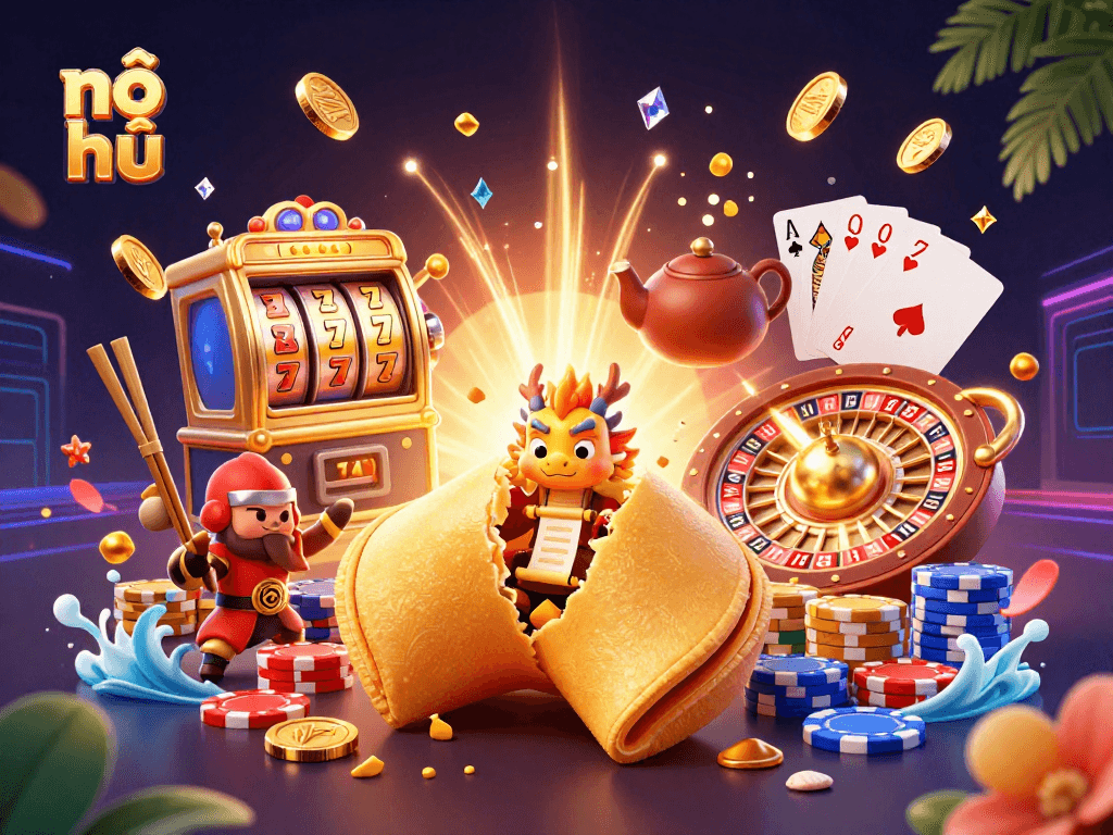 Experience vibrant nổ hũ gameplay with golden fortune cookie, dragon, and casino elements in a rich 3D scene.
