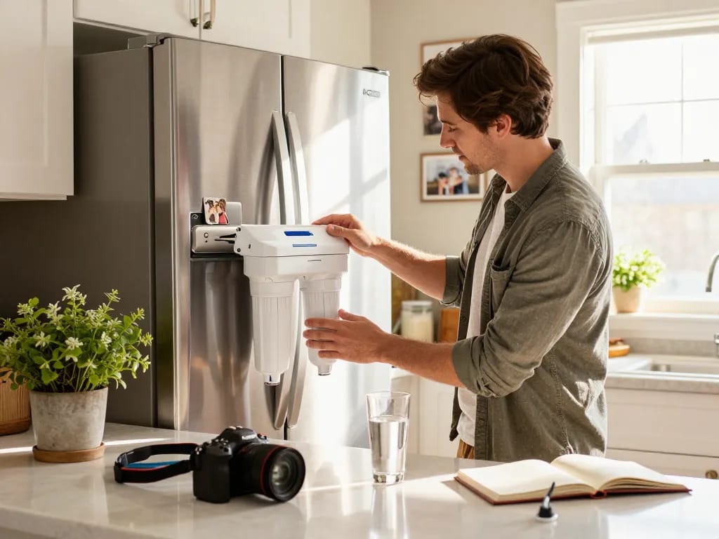 AQUA CREST 5231JA2002A Refrigerator Water Filter installation in a bright kitchen.