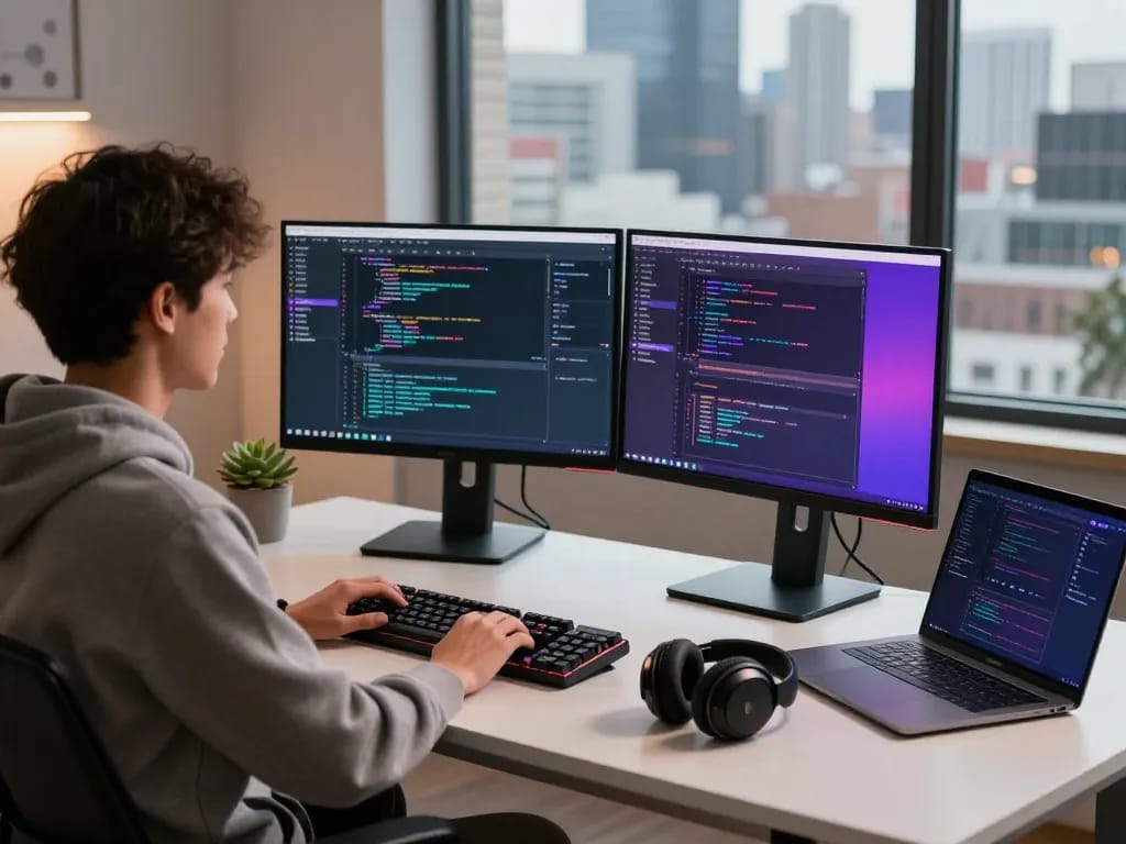 Developer using telegram 下载 software at a modern workspace with multiple screens and tech gadgets.