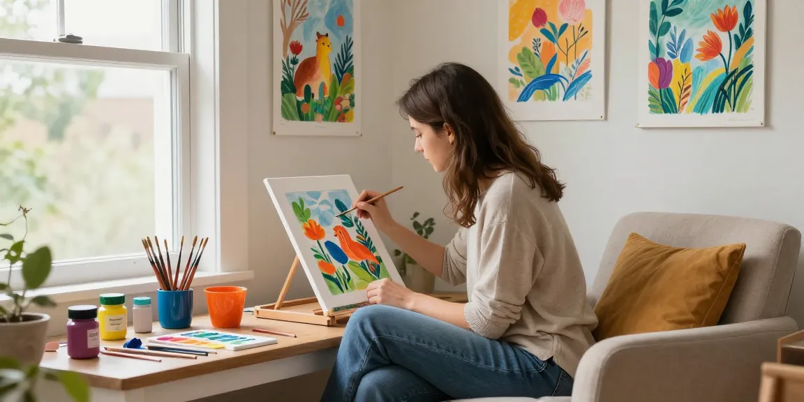 Creating a paint-by-numbers masterpiece in a cozy, sunlit crafting nook.