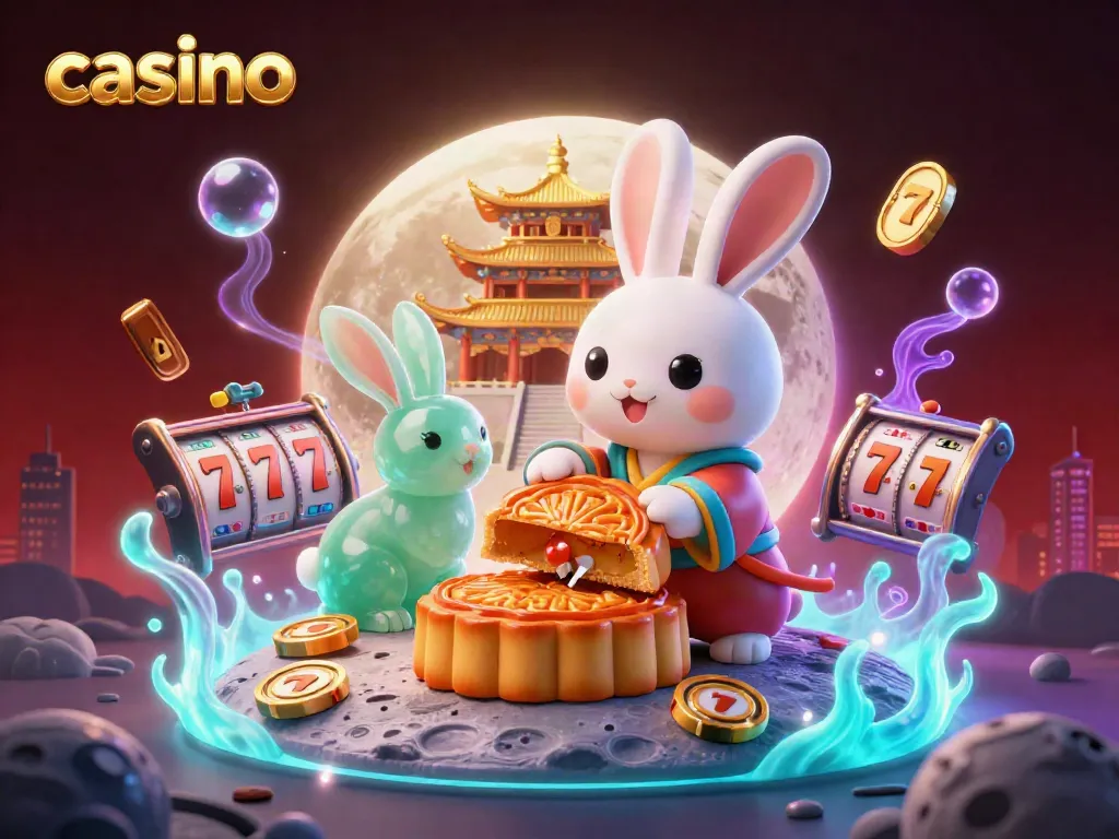 Engaging casino scene featuring a moon rabbit revealing poker chips, surrounded by slot reels, lucky 7s, and dynamic casino elements.