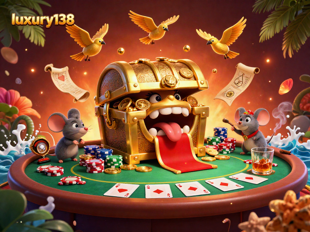 Permainan menarik di luxury138 dengan peti harta karun dan poker yang penuh warna.