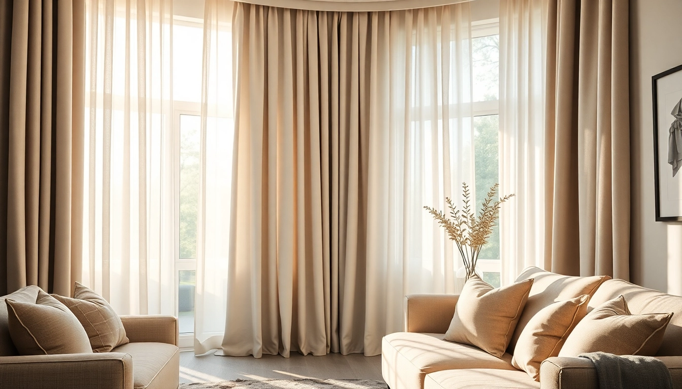 Verken gordijnstof in een elegant woonkamerinterieur met luxe draperieën.