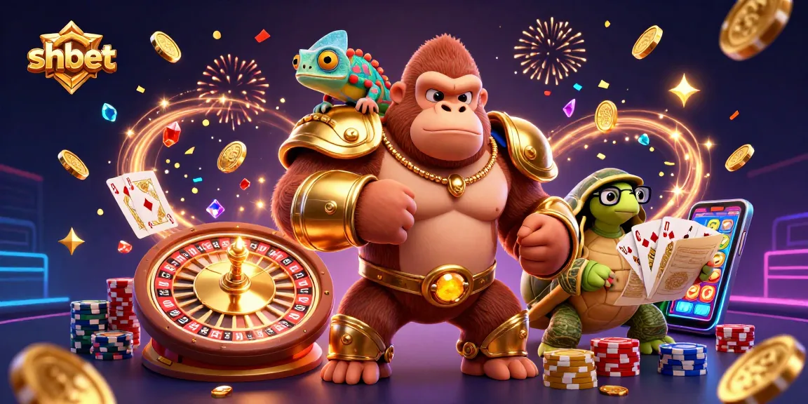 Experience thrilling shbet casino action with a gorilla king, chameleon, and tortoise amidst sparkling gems.