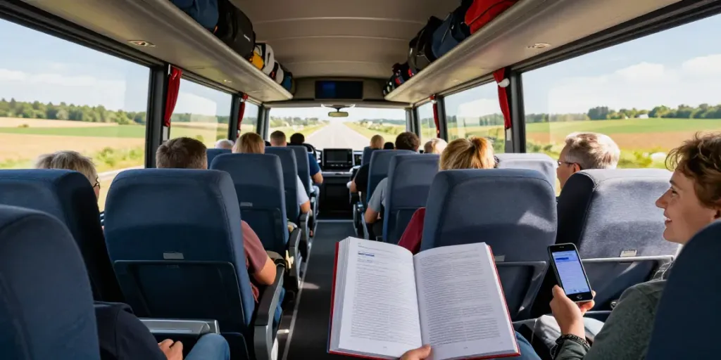 Transport Moldova Olanda, călător confortabil într-un autocar modern, peisaj pitoresc vizibil prin feronerie.