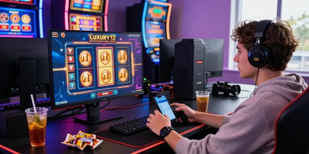 Engaged player enjoying Luxury12 slots with gaming gear and vivid atmosphere.