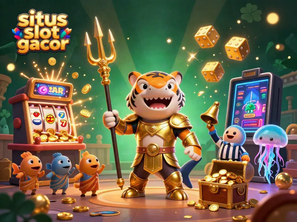 Situs slot gacor dalam ilustrasi 3D, menggambarkan hiu kartun berarmor gladiator dengan simbol permainan kasino.