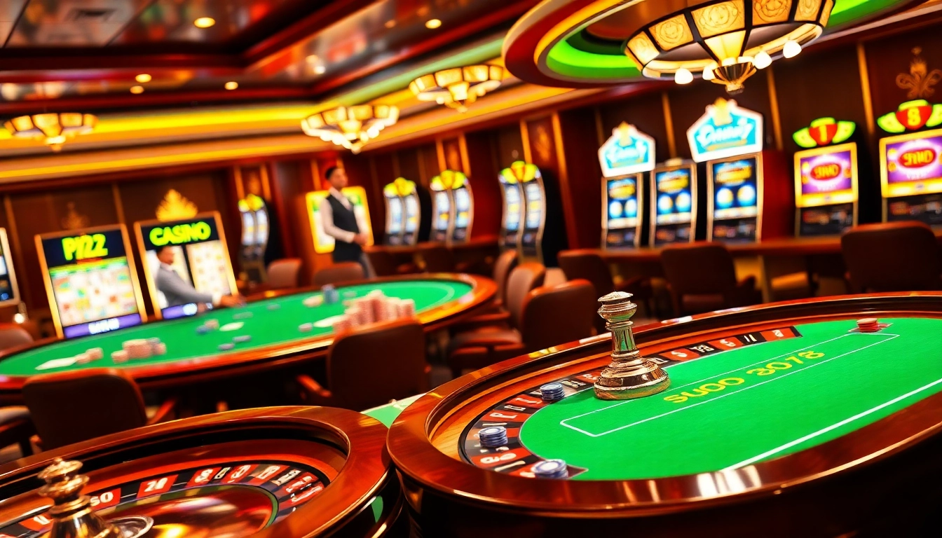 Scène passionnante de casino en ligne Français 2026 mettant en avant des tables de jeu vibrantes et des machines à sous.