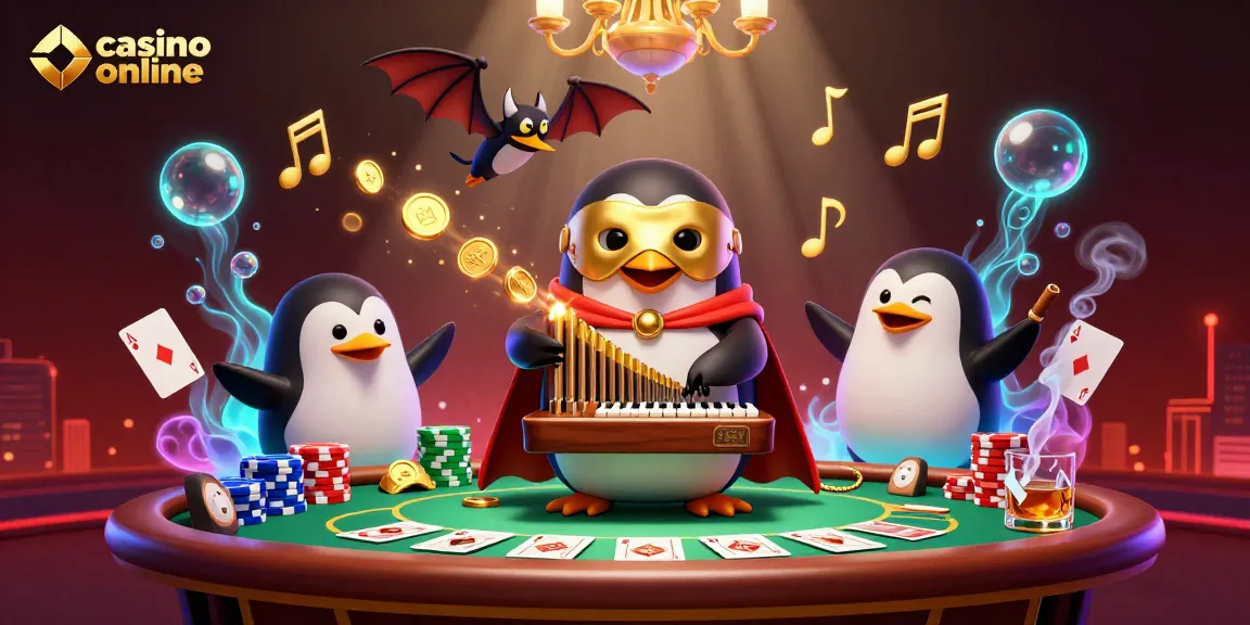 Profitez de jeux de casino en ligne dans une illustration 3D dynamique, mettant en scène un pingouin fantôme et des éléments de poker.