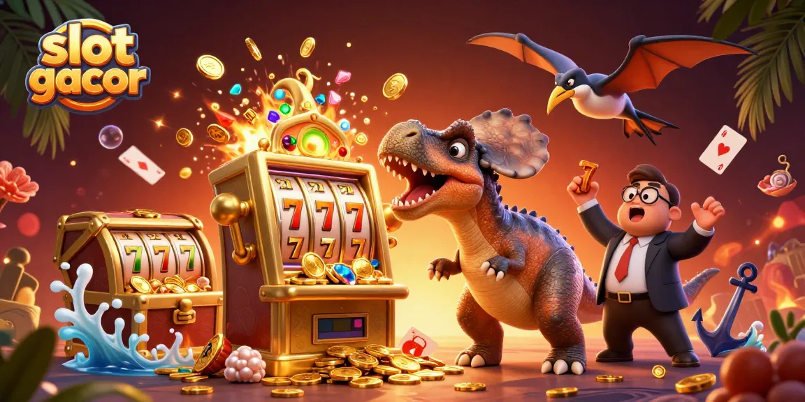 Menang besar dengan slot gacor yang dikelilingi dinosaurus dan mesin slot emas yang mengeluarkan koin.