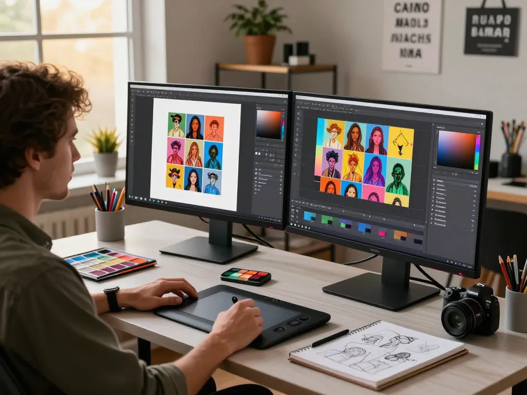 Digital artist using the nano banana AI image editor in a modern studio, creating vibrant visuals.