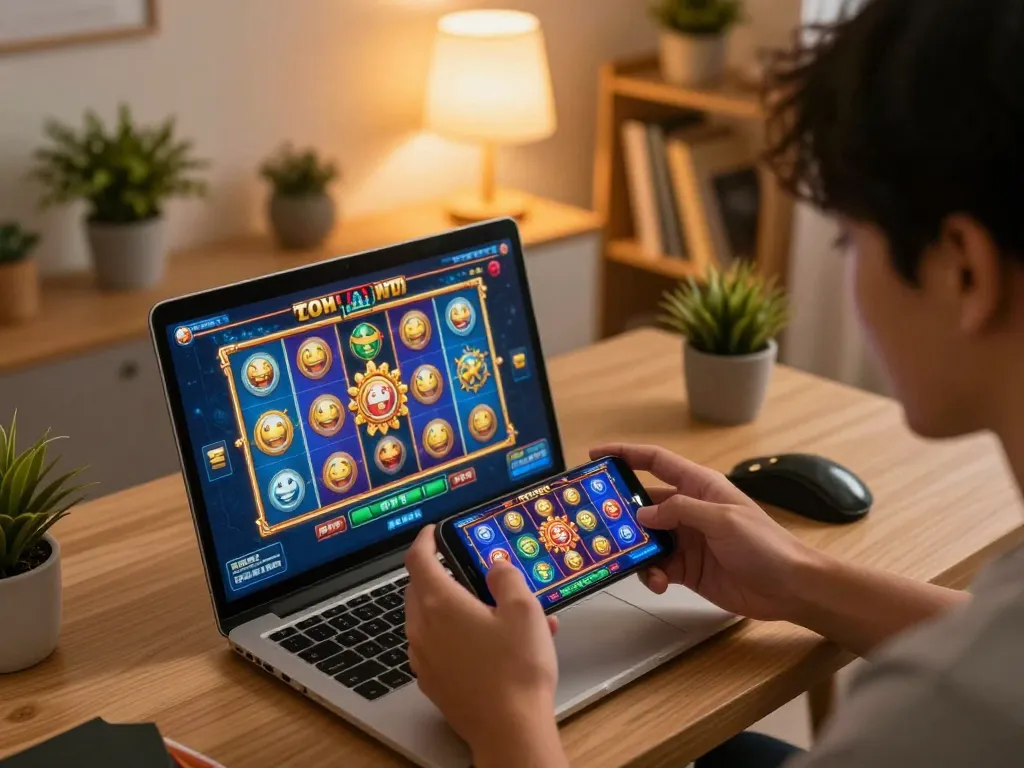 Engaging player enjoying a slot thailand game on smartphone in cozy home office setting