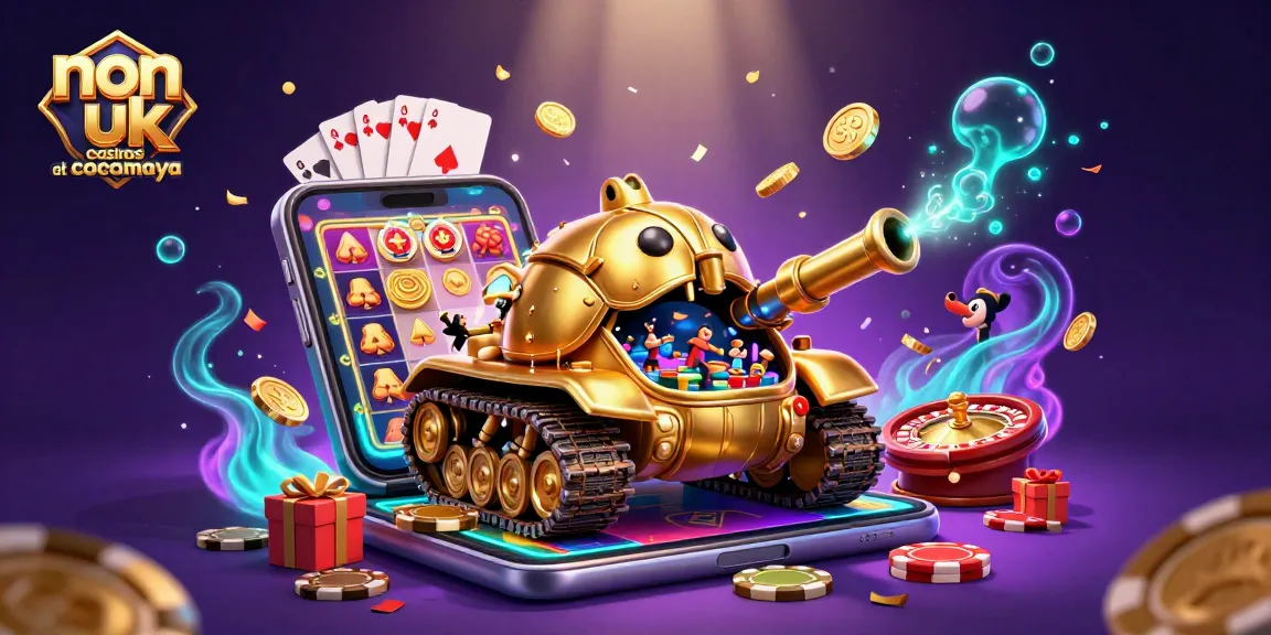 Play at non uk casinos at cocomaya with a vibrant 3D casino scene featuring cascading coins and lively games.
