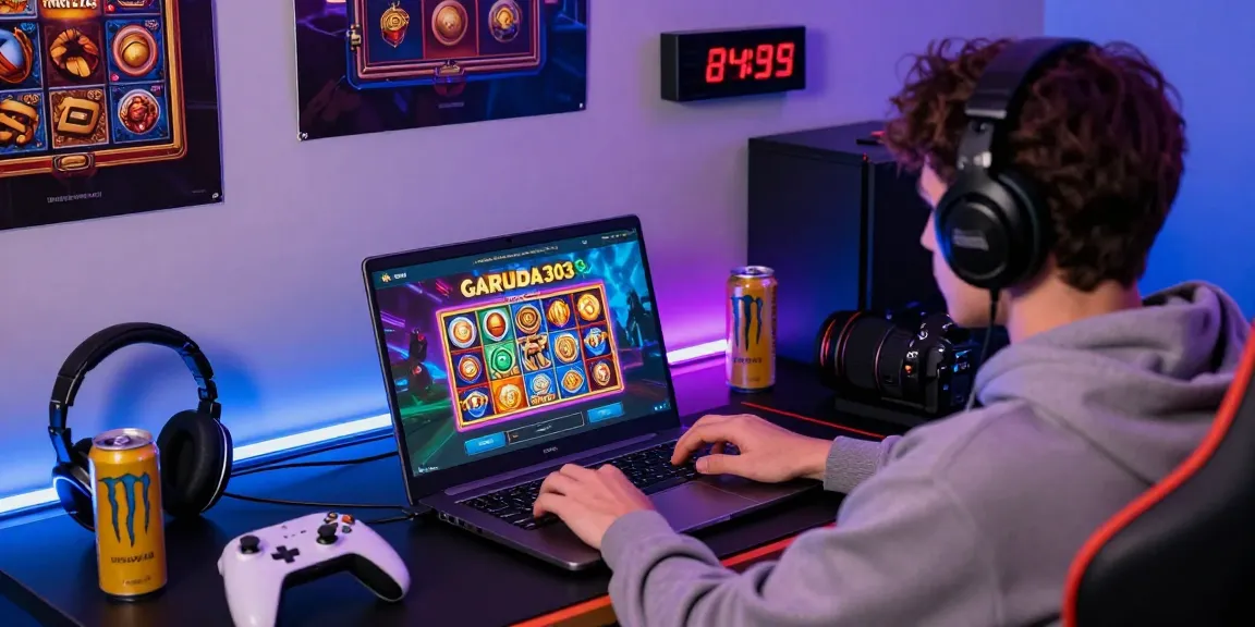 Accessing GARUDA303 login interface on a laptop in a vibrant gaming setup, showcasing exciting slot games and gaming elements.