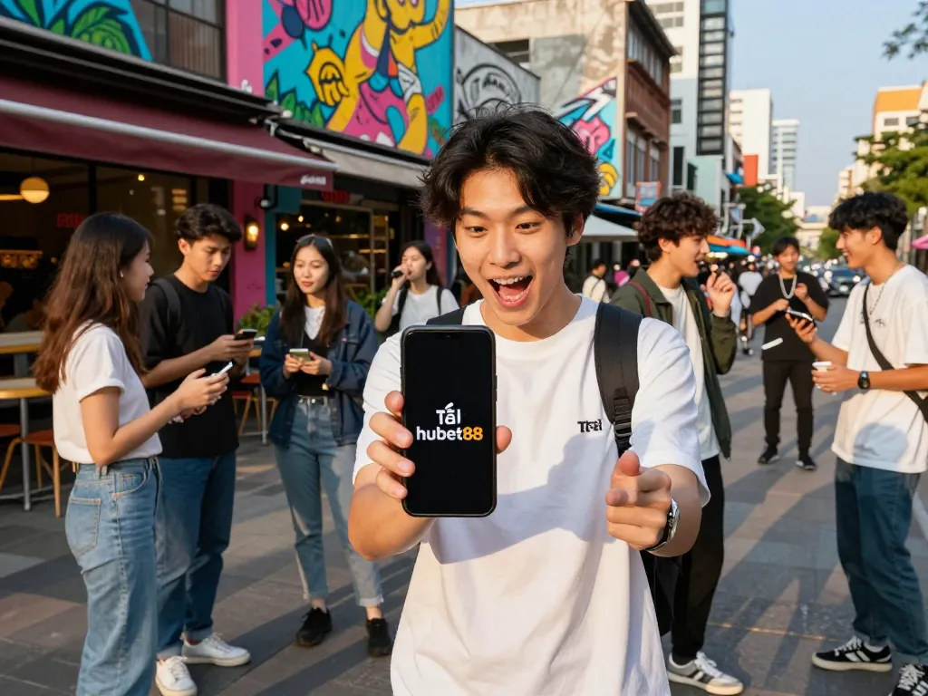 Excited young adult demonstrating the Tải app hubet88 on their smartphone in a vibrant urban setting with friends.