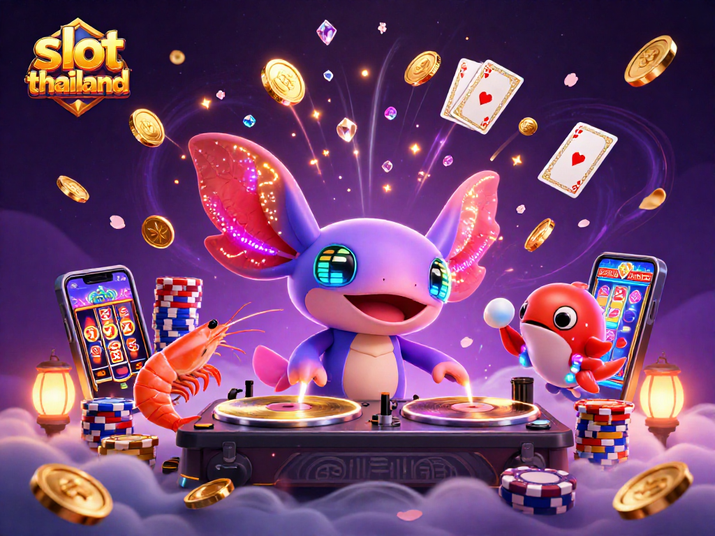 Experience slot Thailand with a vibrant axolotl DJ spinning underwater, surrounded by sparkling coins and joy.