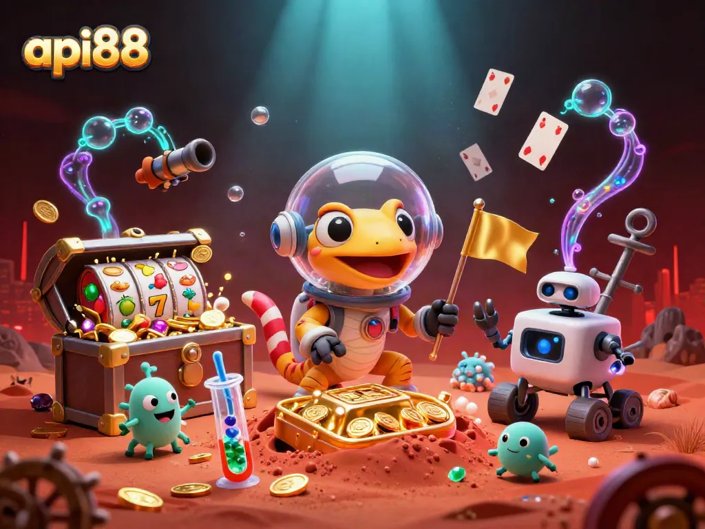 Win big with api88 in a vibrant, 3D cosmic casino adventure featuring a Martian gecko and gold treasures.