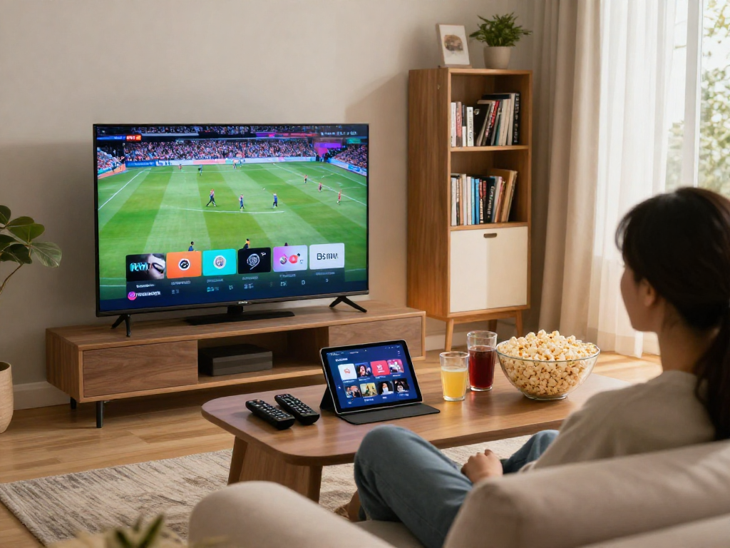 Enjoying top-rated IPTV services in a modern living room, streaming content on a Smart TV with popcorn and drinks.