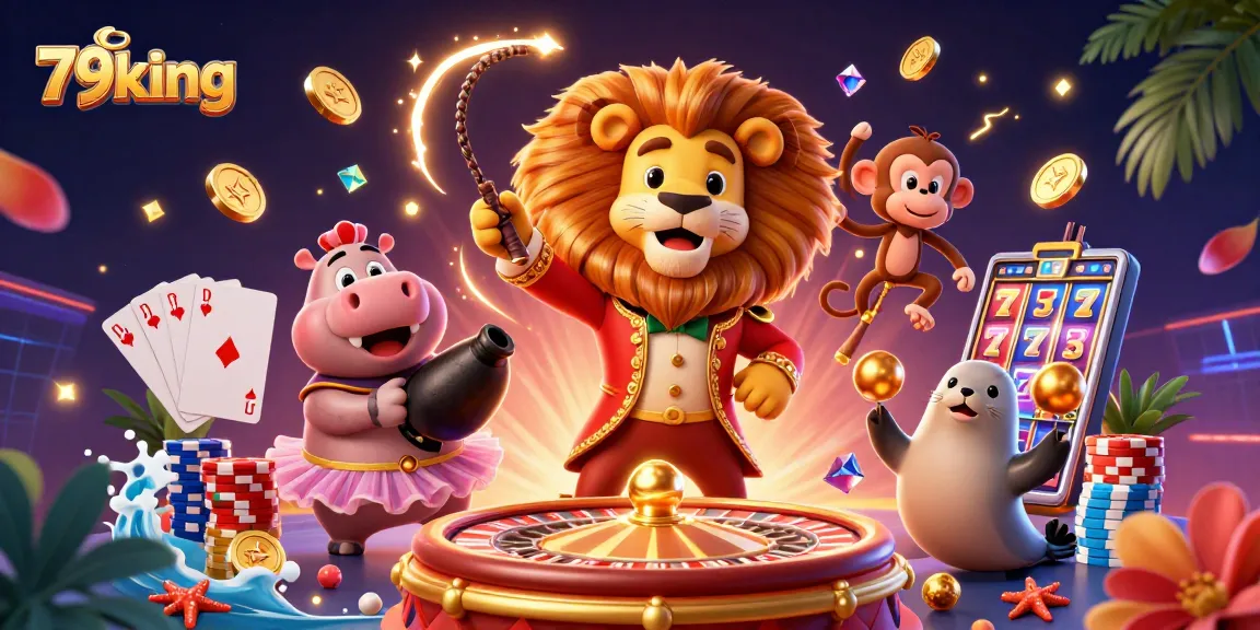 Experience thrilling adventures at 79king with our circus-themed casino illustration filled with excitement.