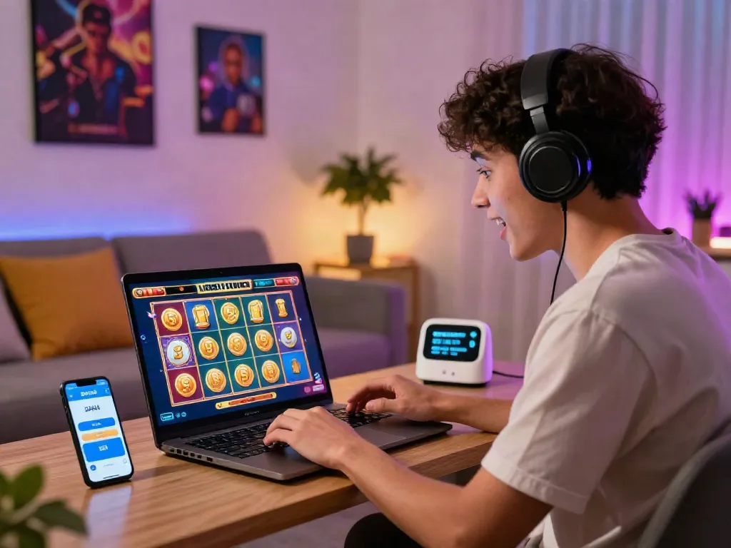 Player experiencing slot jackpot excitement with DANA e-wallet on laptop in a vibrant gaming setting.