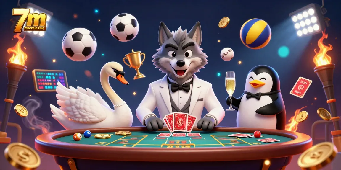 Experience 7m nhanh nhất with sports-themed casino illustration featuring dynamic characters and elements.