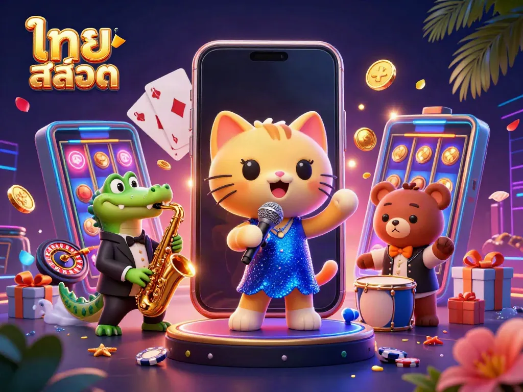 Experience thrilling ไทย สล็อต action in a whimsical casino scene with vibrant characters and games.