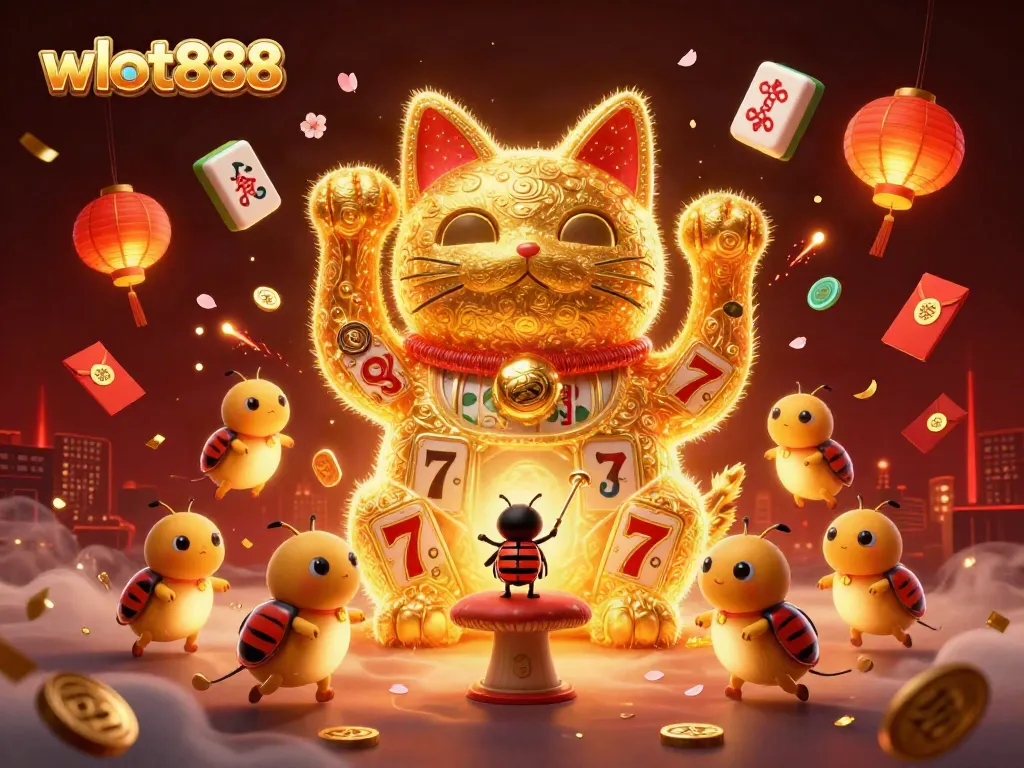 Visualisasi meriah dari wslot888 dengan kucing bertuah dan elemen mesin slot, menghadirkan suasana kasino yang menyenangkan.