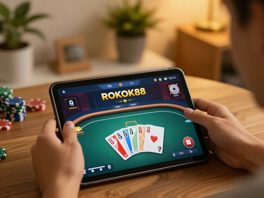 Player engaging with ROKOK88 online poker interface on tablet in a cozy setting