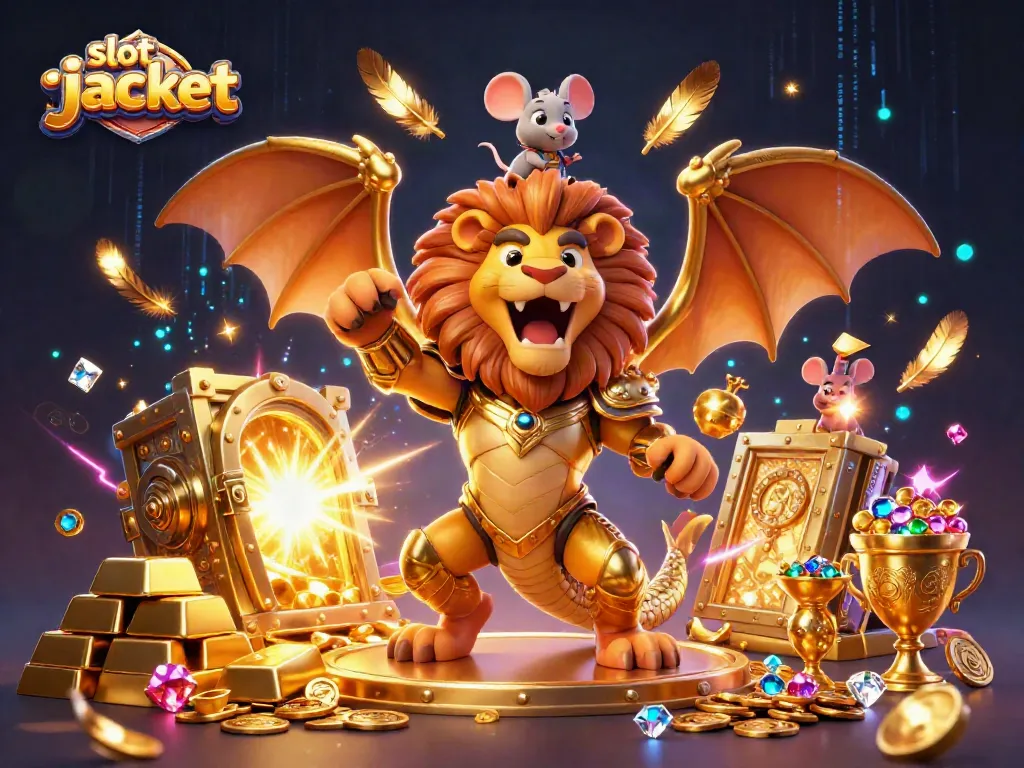 Experience thrilling excitement with the slot jackpot game showcasing a roaring chimera creature and treasure elements.