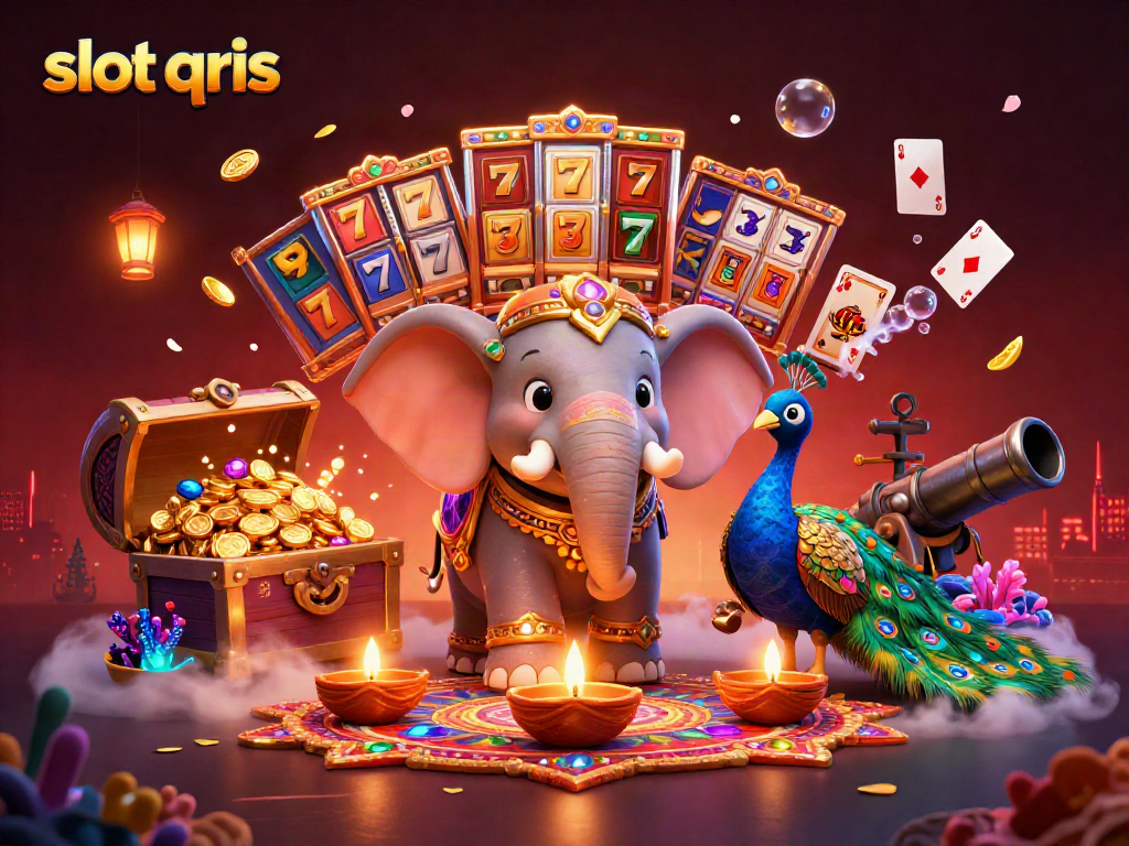 Spin to win with slot qris in a vibrant, dynamic 3D casino scene full of energy.