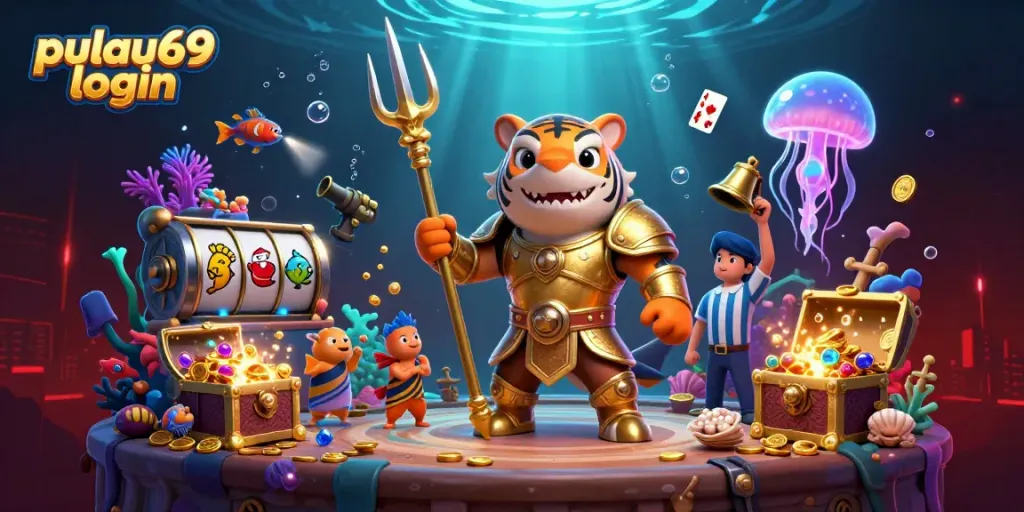 Experience pulau69 login with this captivating underwater casino scene featuring a tiger shark and vibrant elements.