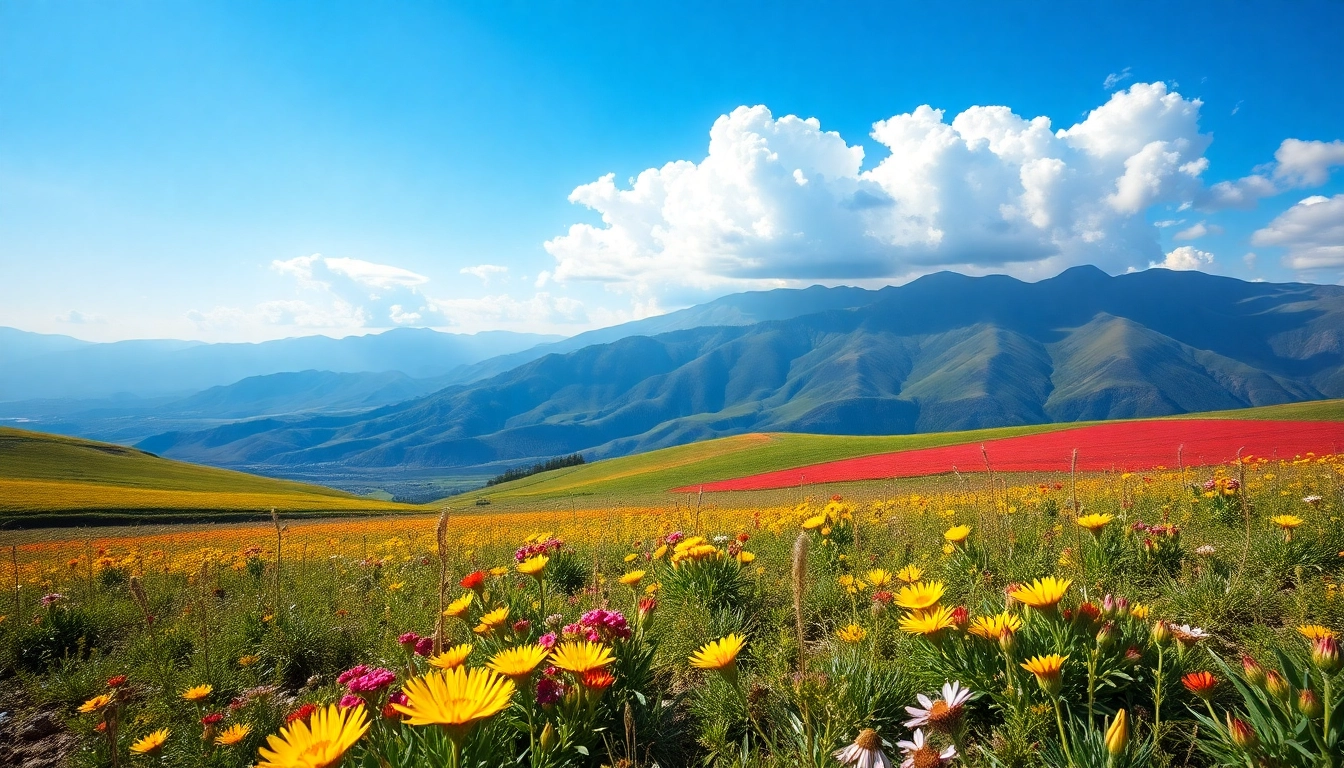 Captivating landscapes showcasing vibrant fields and serene mountains under clear skies.